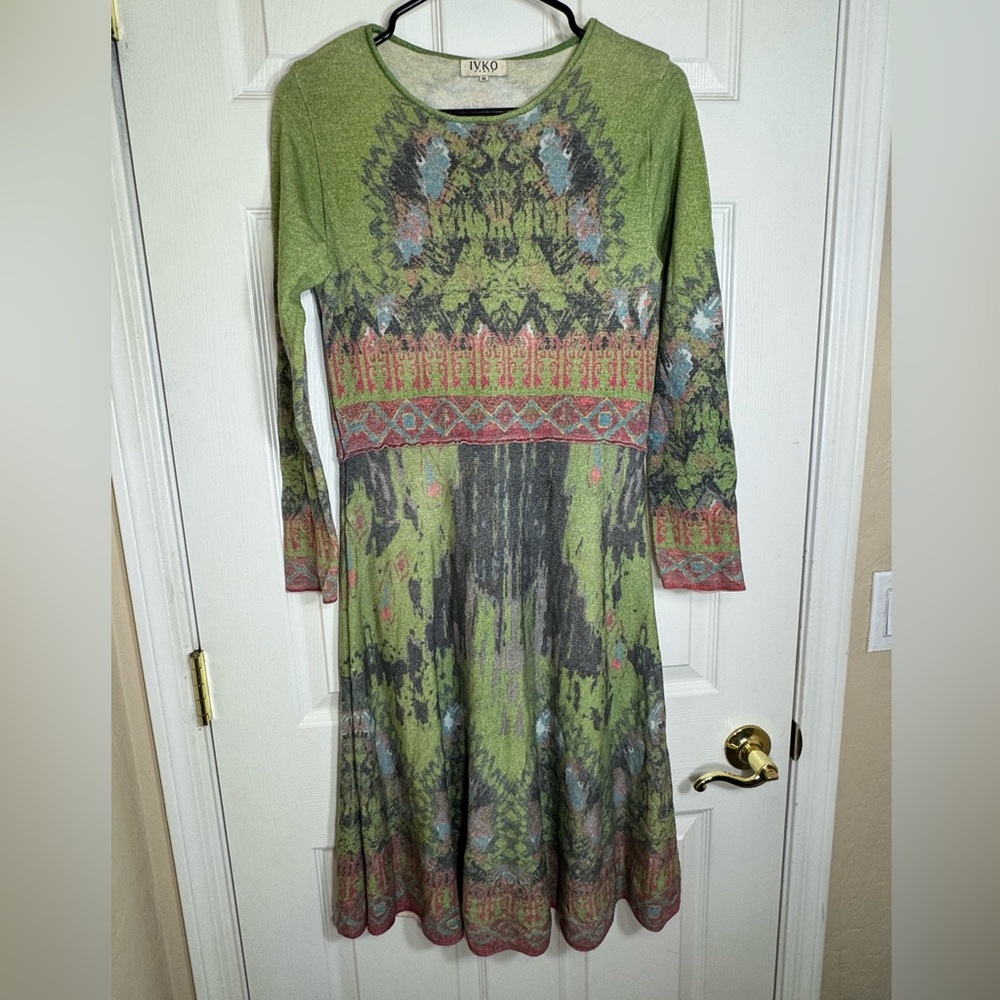 IVKO Woman 100% Wool Knit Dress 40 Green Multicolor Long Sleeve Merino Boho Folk